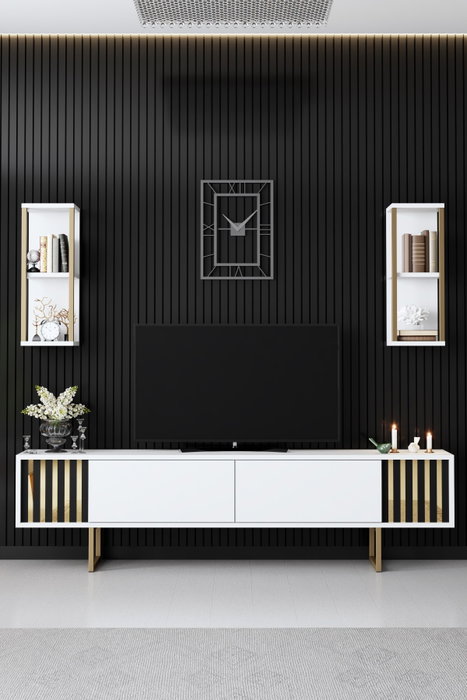 Hanah Home Gold Line Mueble de TV Blanco y Negro con Patas Metálicas